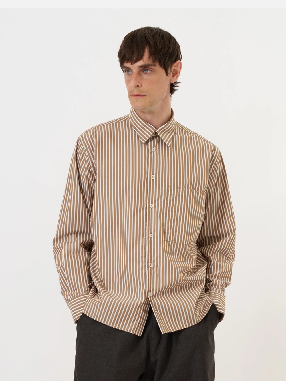 Saddlebred Tan and White Vertical Stripe Button-Down Shirt